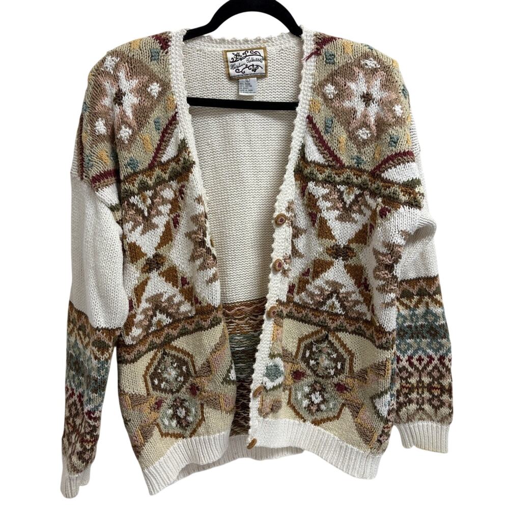 Vintage Heirloom Collectibles Geometric Knit Cardigan Sweater‎ Womens L Boho